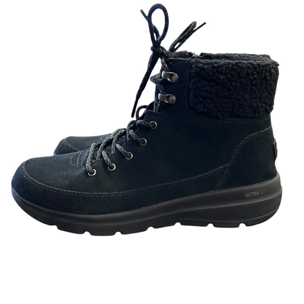 Skechers Glacial Ultra Woodlands Black Leather Lace Up Ankle Boots Size 9